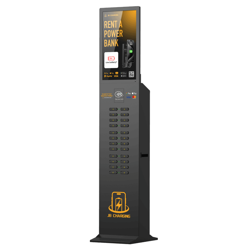 J24 Pro Large Capacity Mobile Charging Station Side View - 24 Slot Commercial Phone Charger with Digital Display