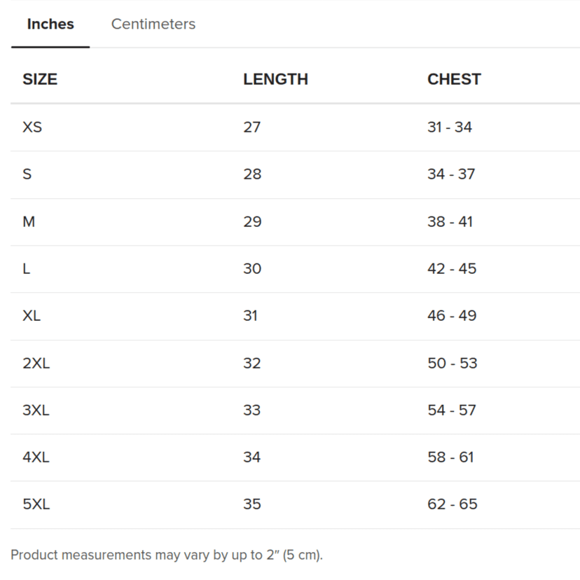 Complete Size Chart for JB Charging T-Shirts - Business Apparel Sizing Guide