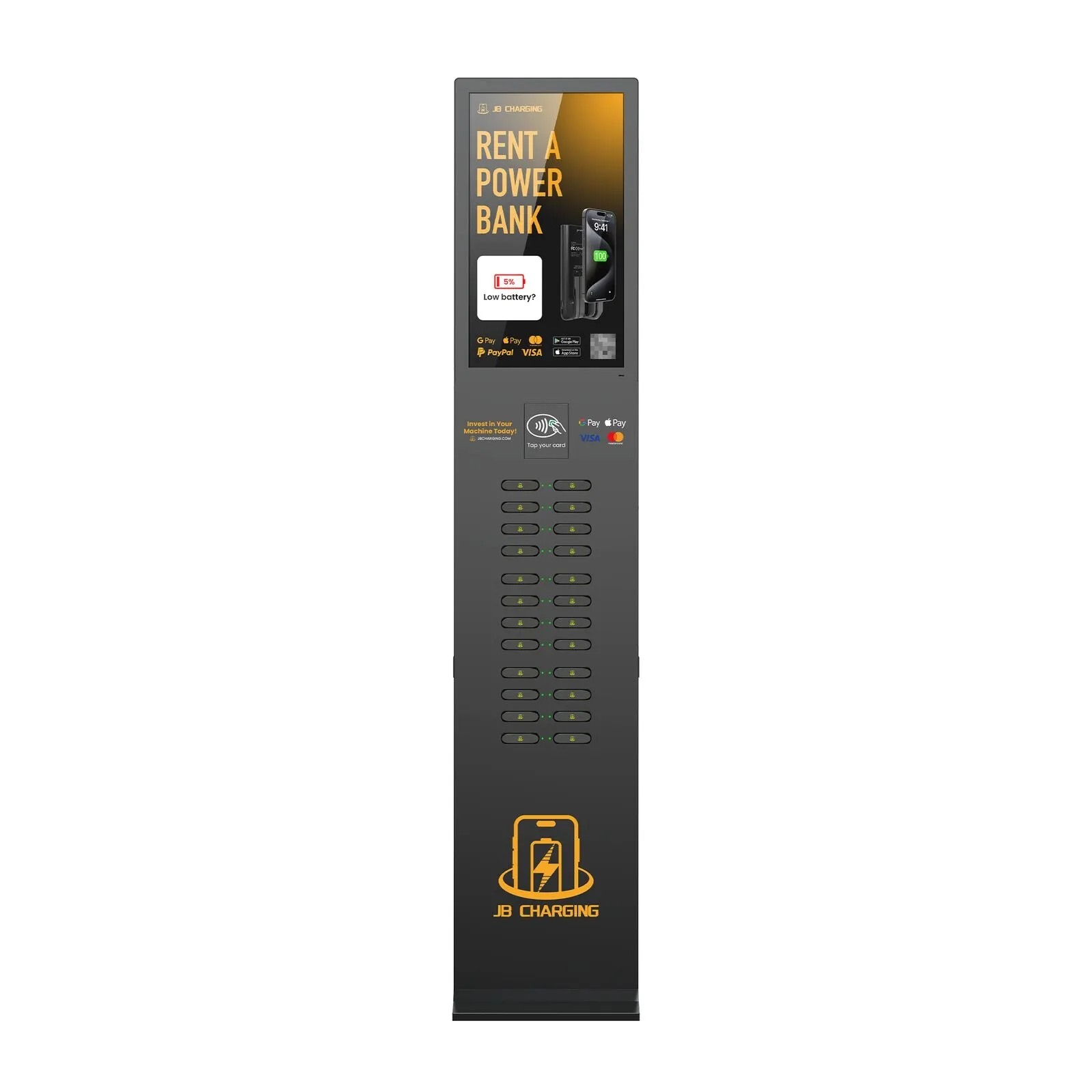 Product render of a JB Charging J24 Pro floor tower with a tall portrait screen reading "Rent a power bank" above a tap-to-pay reader and two columns of power bank slots