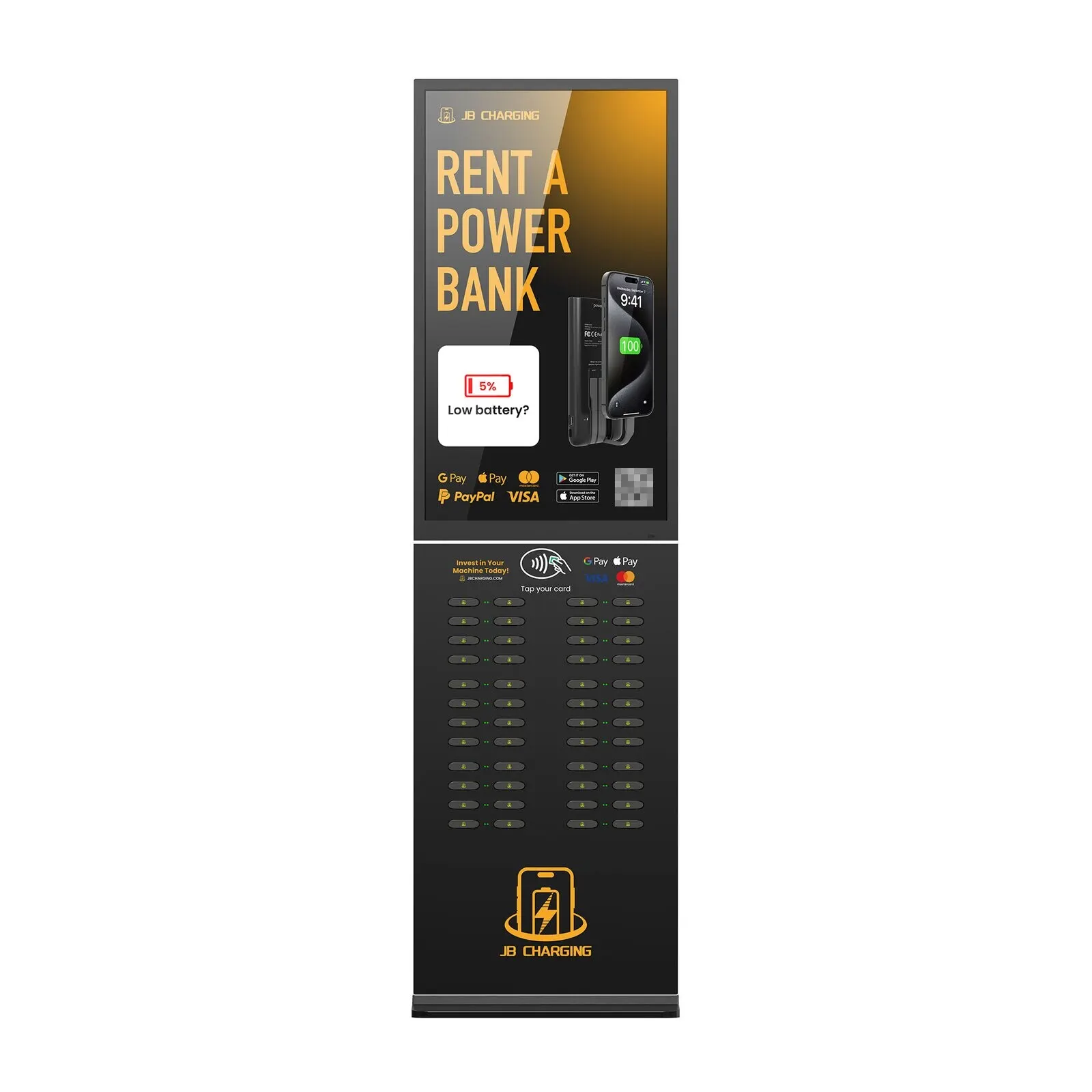 Rendering of a JB Charging J48 Pro floor tower with a tall portrait screen reading Rent a Power Bank above a tap-to-pay reader and four columns of power bank slots