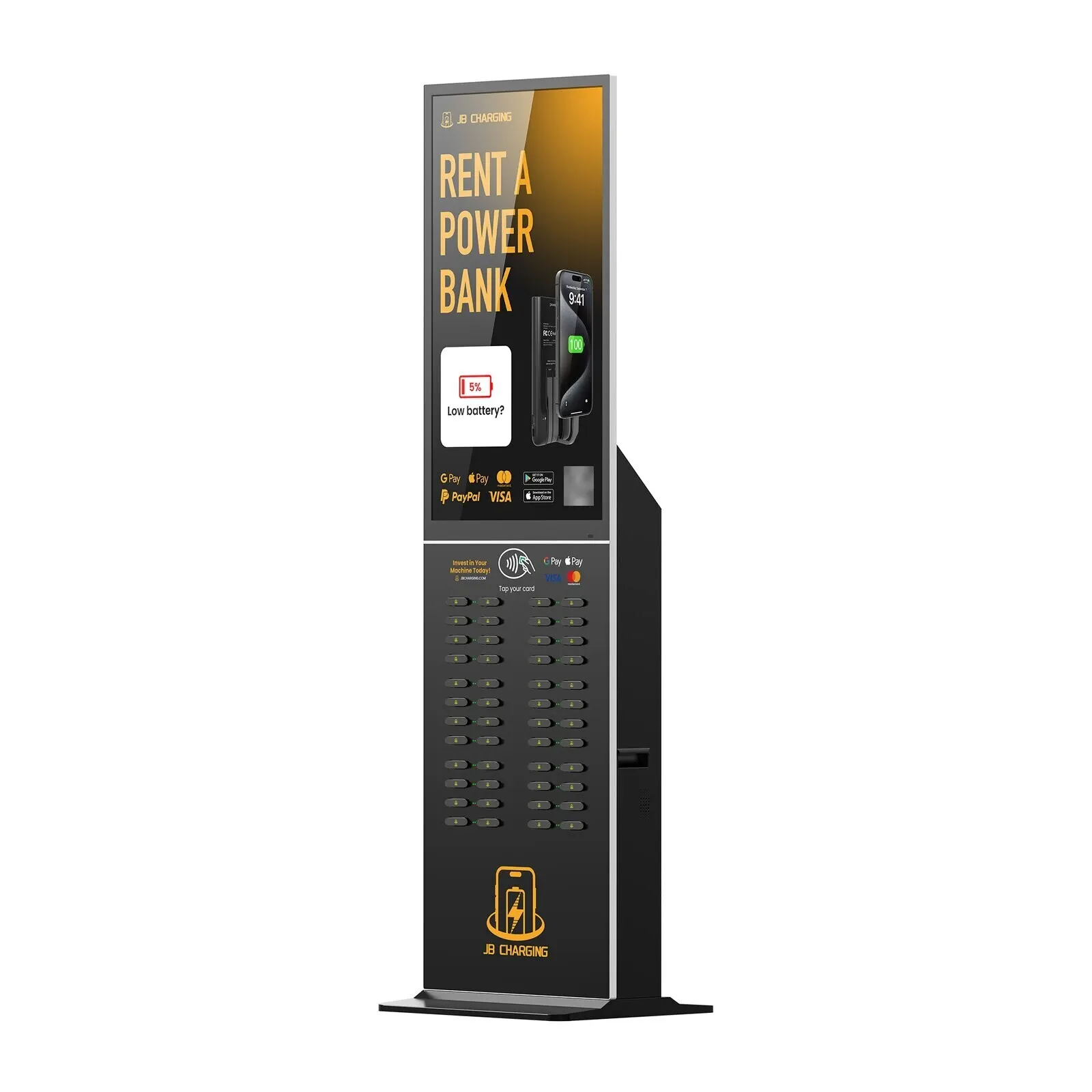JB Charging J48 Pro floor tower in three-quarter view, its tall portrait screen reading Rent a Power Bank above 48 power bank slots