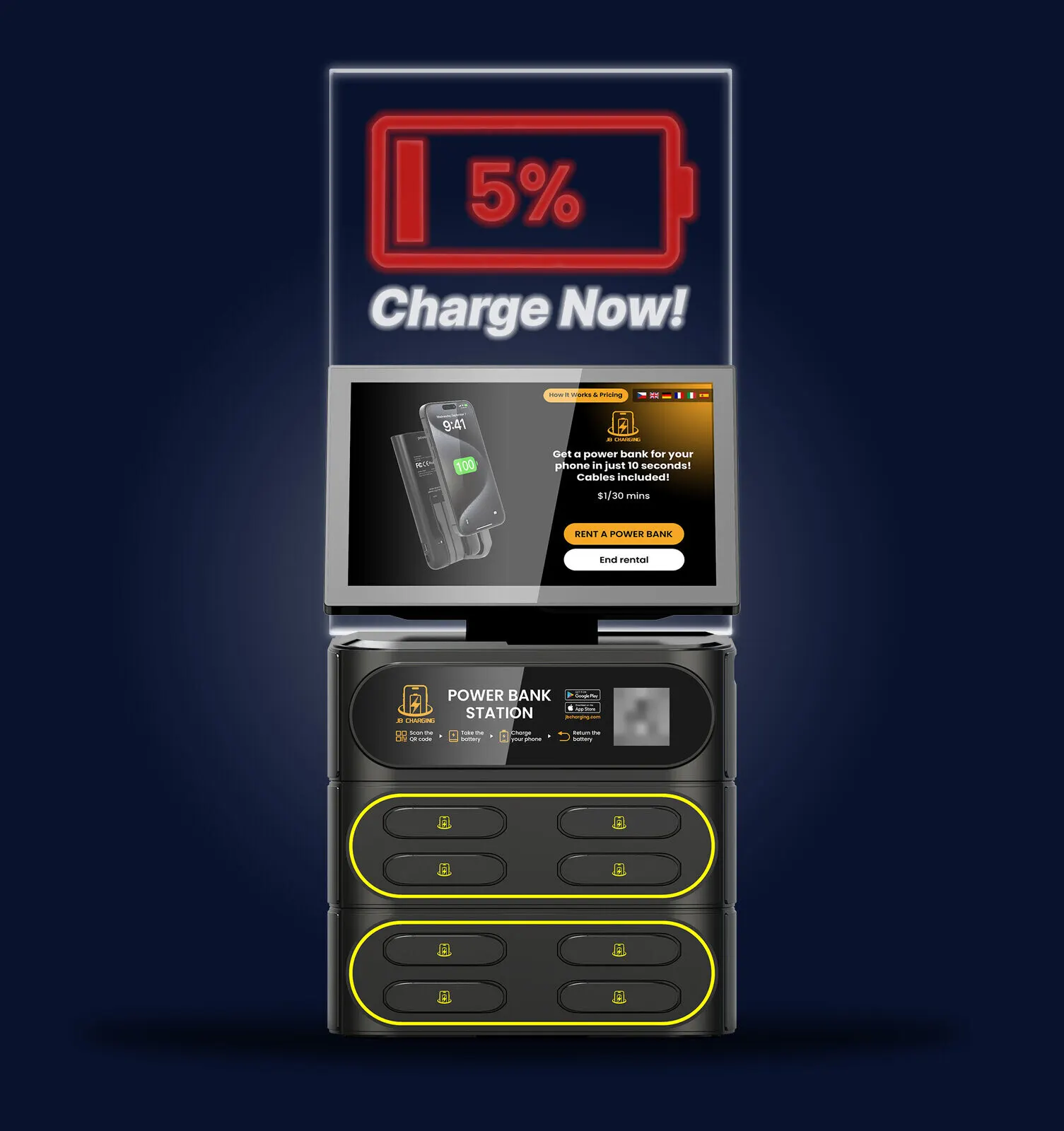 Product render of a J8 Pro countertop power bank station: a lit header, a touchscreen with a Rent a Power Bank button, a QR code panel and eight power bank slots in two yellow-lit trays