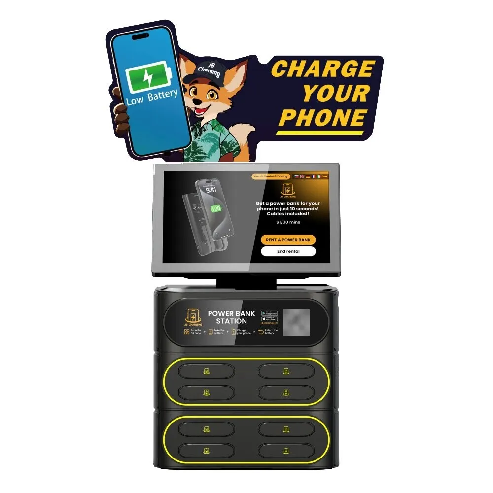 Product render of a JB Charging J8 Pro countertop station with a "Charge Your Phone" header featuring a fox mascot holding a phone, a touchscreen, and eight power bank slots in two yellow-ringed groups of four