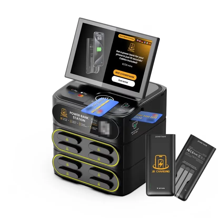 Render of a JB Charging J8 Pro countertop station with a payment card at its tap reader and two power banks beside it, one showing its built-in cables