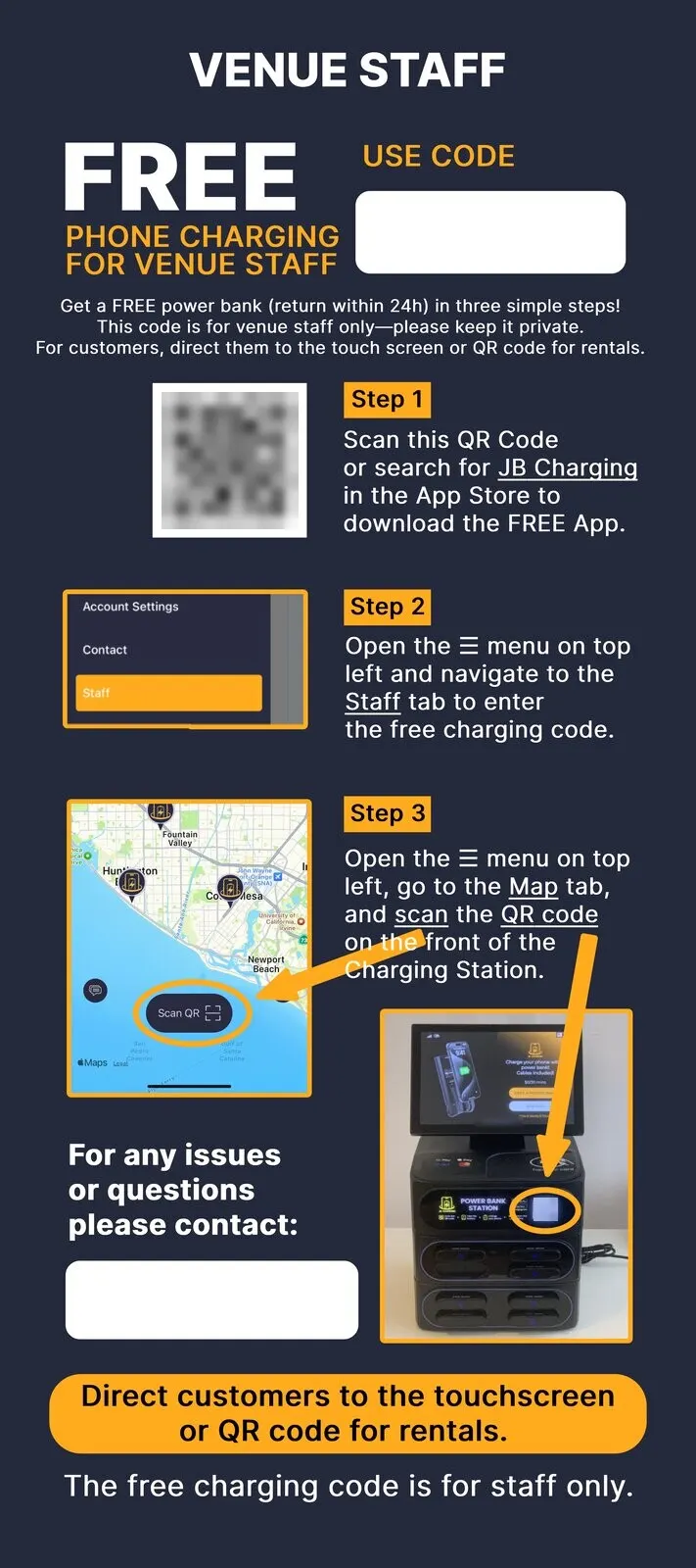 A dark blue flyer headed "Venue staff FREE phone charging" with a blank code box, a QR code, three app steps and a photo of a countertop charging station