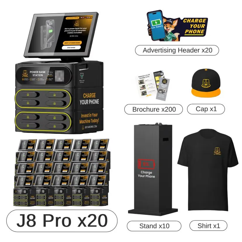 Product graphic of the J8 Pro x20 Network Builder bundle: twenty J8 Pro stations stacked in rows, with 20 advertising headers, 200 brochures, 10 display stands, a cap and a T-shirt