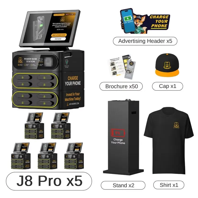 Product graphic of the J8 Pro x5 bundle: five J8 Pro stations, five "Charge Your Phone" advertising headers, 50 brochures, two display stands, a cap and a T-shirt