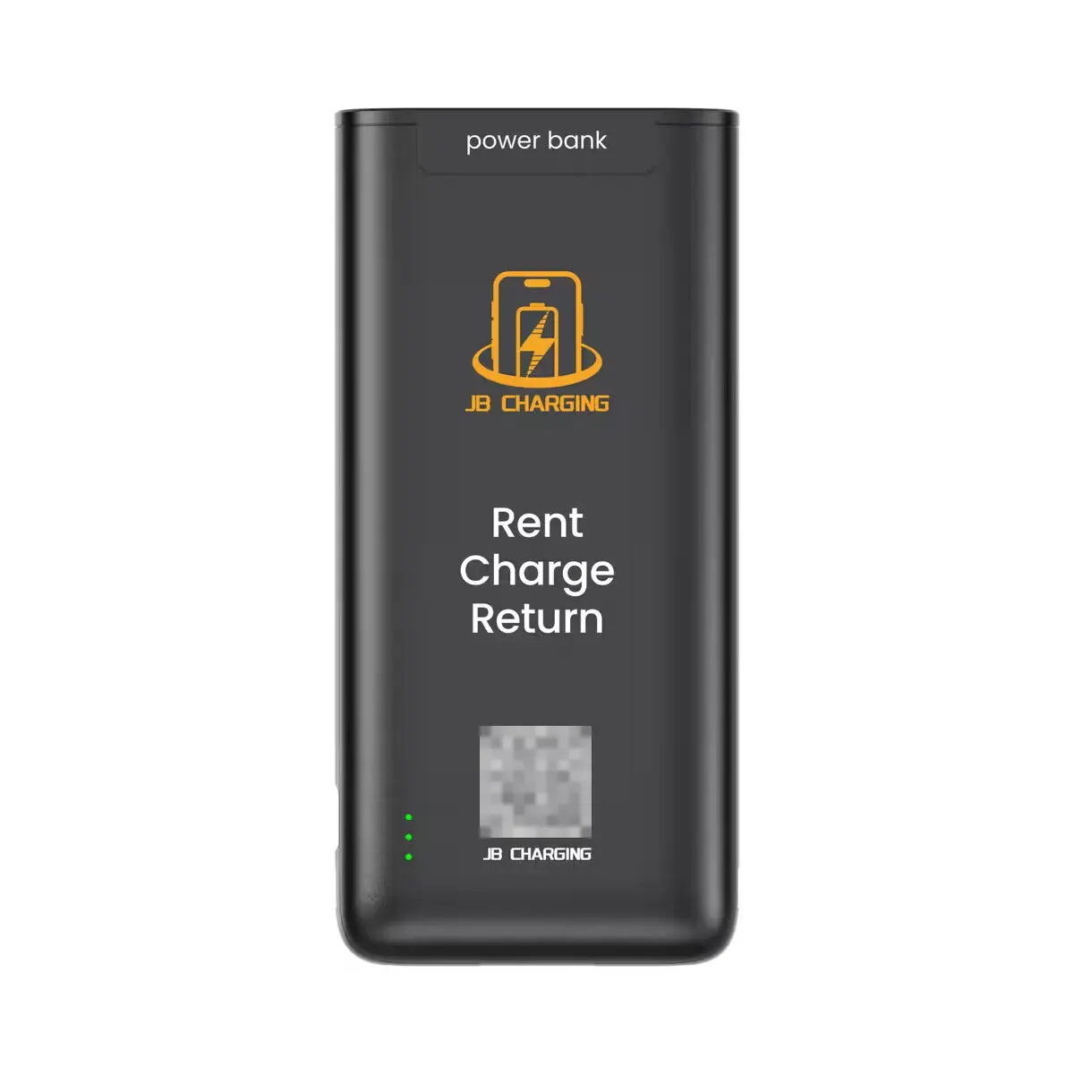 Front of a black JB Charging power bank printed with the JB Charging logo, the words Rent, Charge, Return, and a QR code