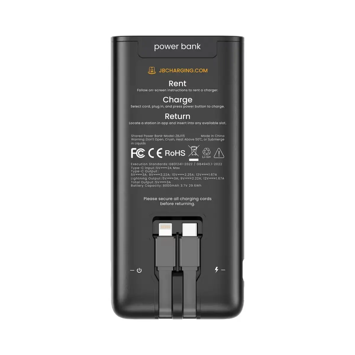 Back of a black JB Charging power bank showing rent, charge and return instructions, FCC, CE and RoHS marks, and built-in Lightning and USB-C cables