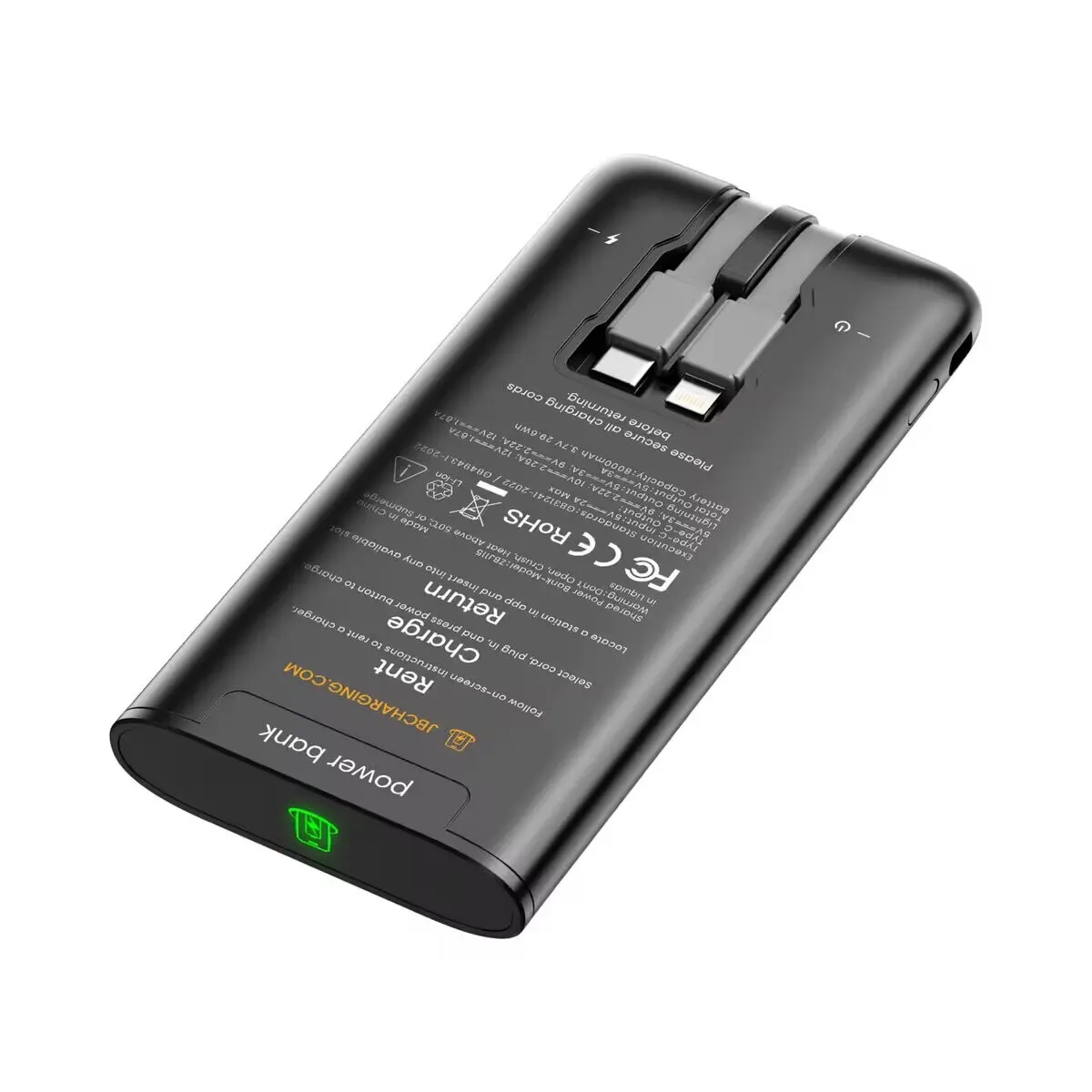 Product render of a black JB Charging power bank with USB-C and Lightning cables built into a recess on its back